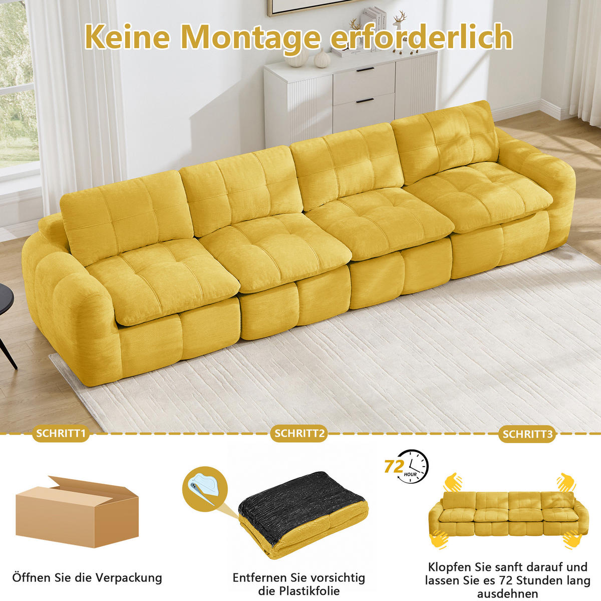 SOFA 264/97/68 cm in Gelb aus Chenille mit modularem Design und hoher Belastbarkeit - Gelb, Textil (97/68/264cm) - Flora Grace