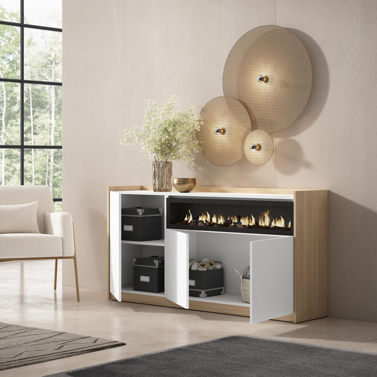 SIDEBOARD, Highboard, Weiß und Eiche Soft, Elektrokamin, 156/37/80cm - Weiß, Holzwerkstoff (156/80/37cm) - Skraut Home