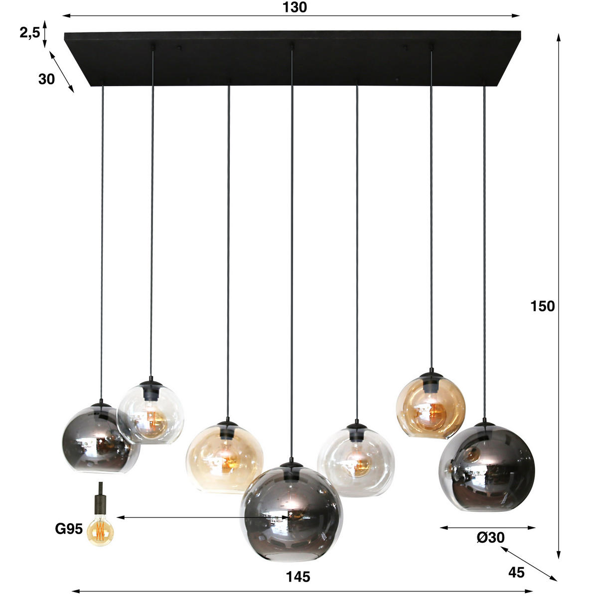 HÄNGELEUCHTE Globe Schwarz 45/145/150 cm - Schwarz, Glas (45/145/150cm) - Hoyz Collection
