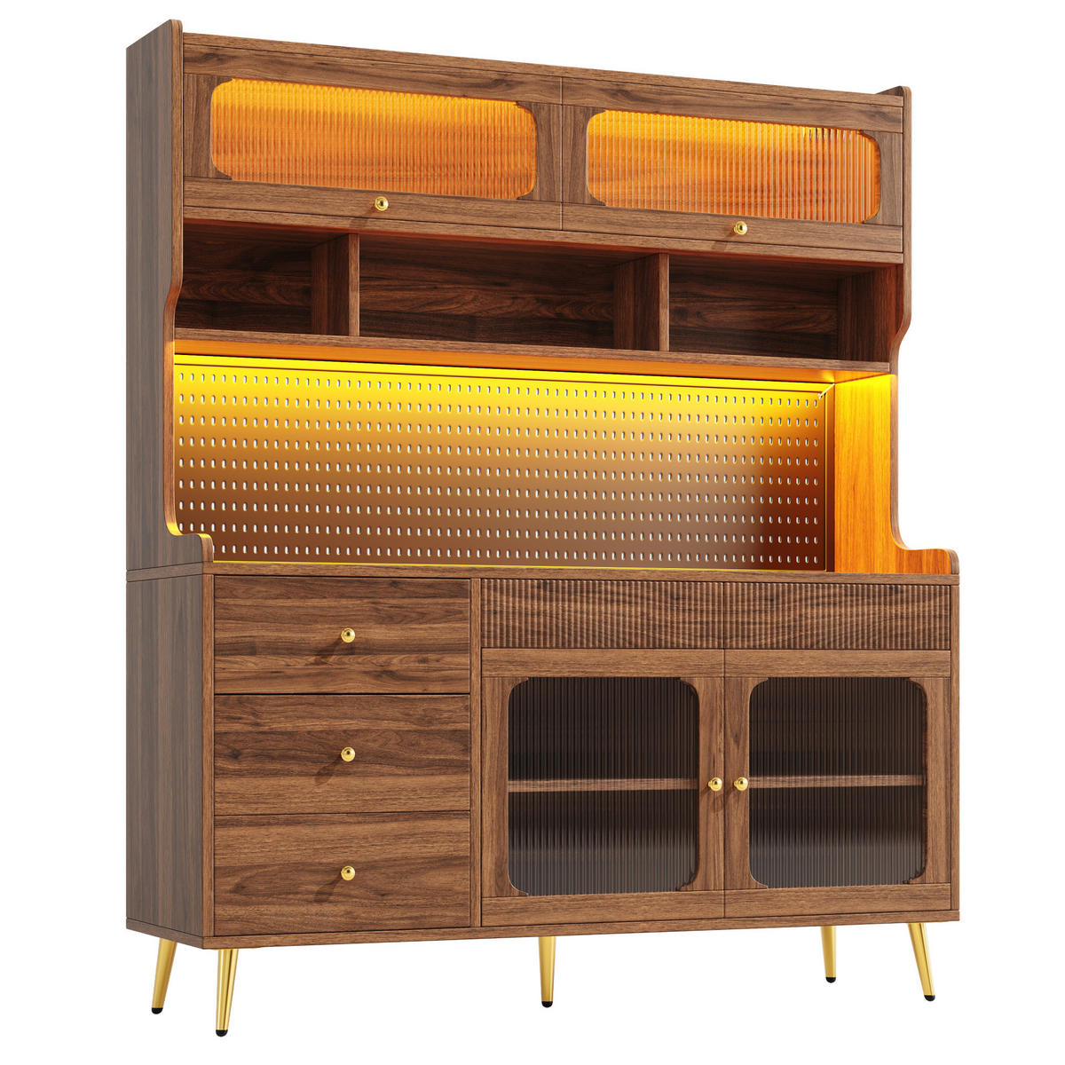 BUFFET 145/39/171 cm walnuss aus MDF und Glas mit LED - Walnussfarben, Holzwerkstoff (145/171/39cm) - OKWISH