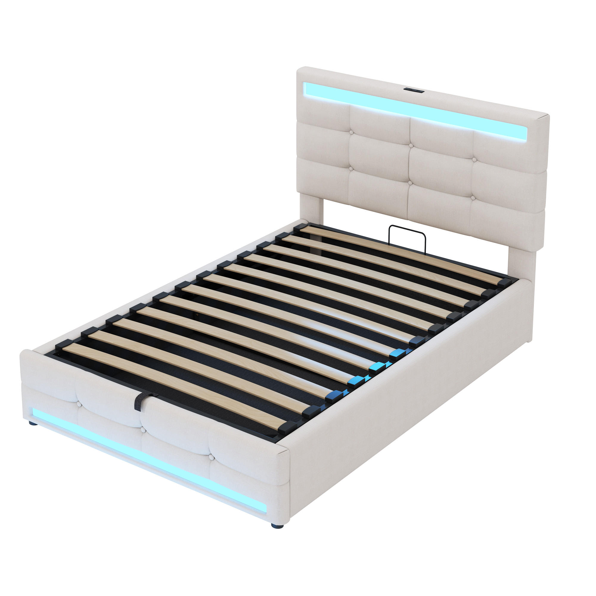 STAURRAUMBETT 90/200 cm DE-01576, in Beige, mit LED, USB und Hydraulik - Beige, Metall (90/200cm) - ComfortXL