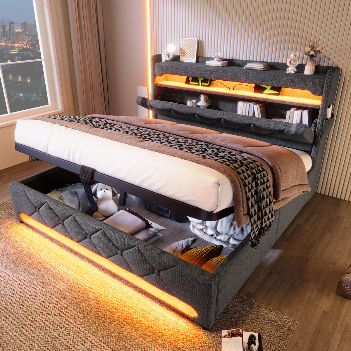 POLSTERBETT 180/200 cm Grau mit Stauraum, LED-Beleuchtung und USB- und Type-C-Anschlüssen - Grau, Textil (180/200cm) - Flora Grace