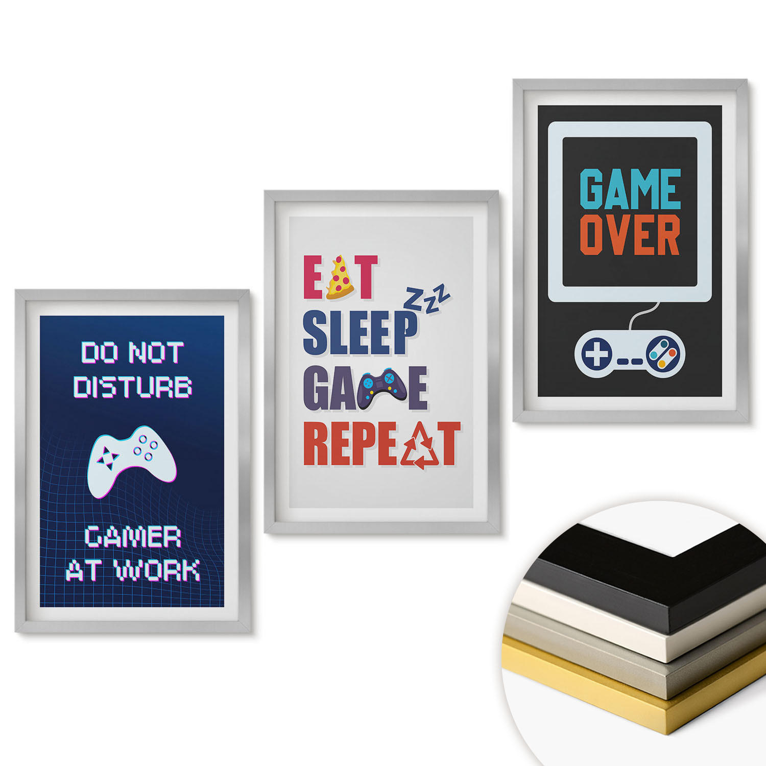 WANDBILDER 3er Set - 40x60 cm Silberner Rahmen - Untertitel für die Spieleunterhaltung - Silberfarben, Kunststoff (40/60cm) - ArtPrintCave
