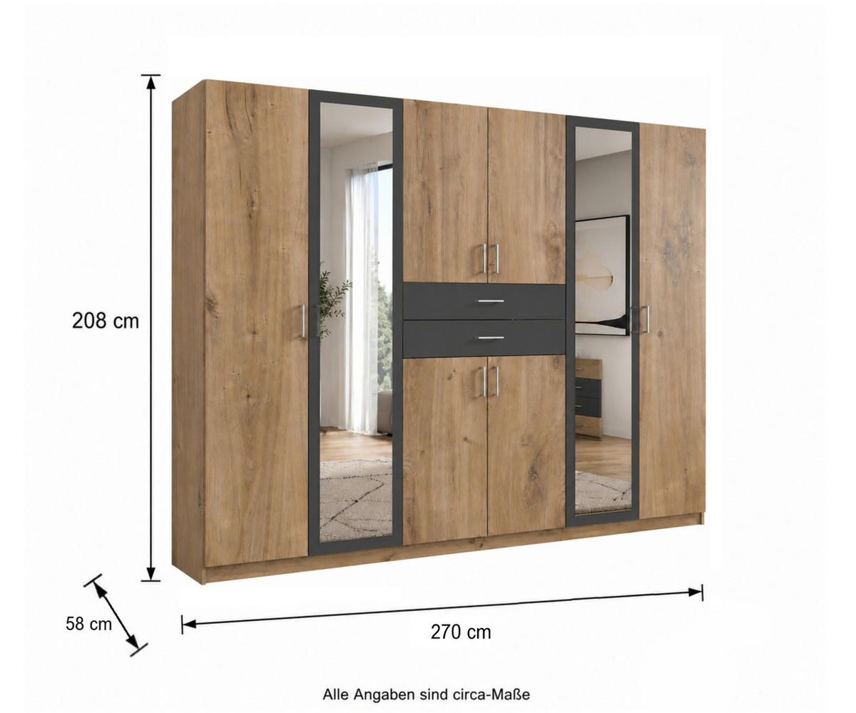 DREHTÜRENSCHRANK Kleiderschrank B270/H208/T58 cm mit Schubkästen & 2 Spiegeltüren, Eiche Dekor mit Absetzungen in Grafit / 22596 - Eichefarben/Silberfarben, Holzwerkstoff/Kunststoff (270/208/58cm) - luma-home