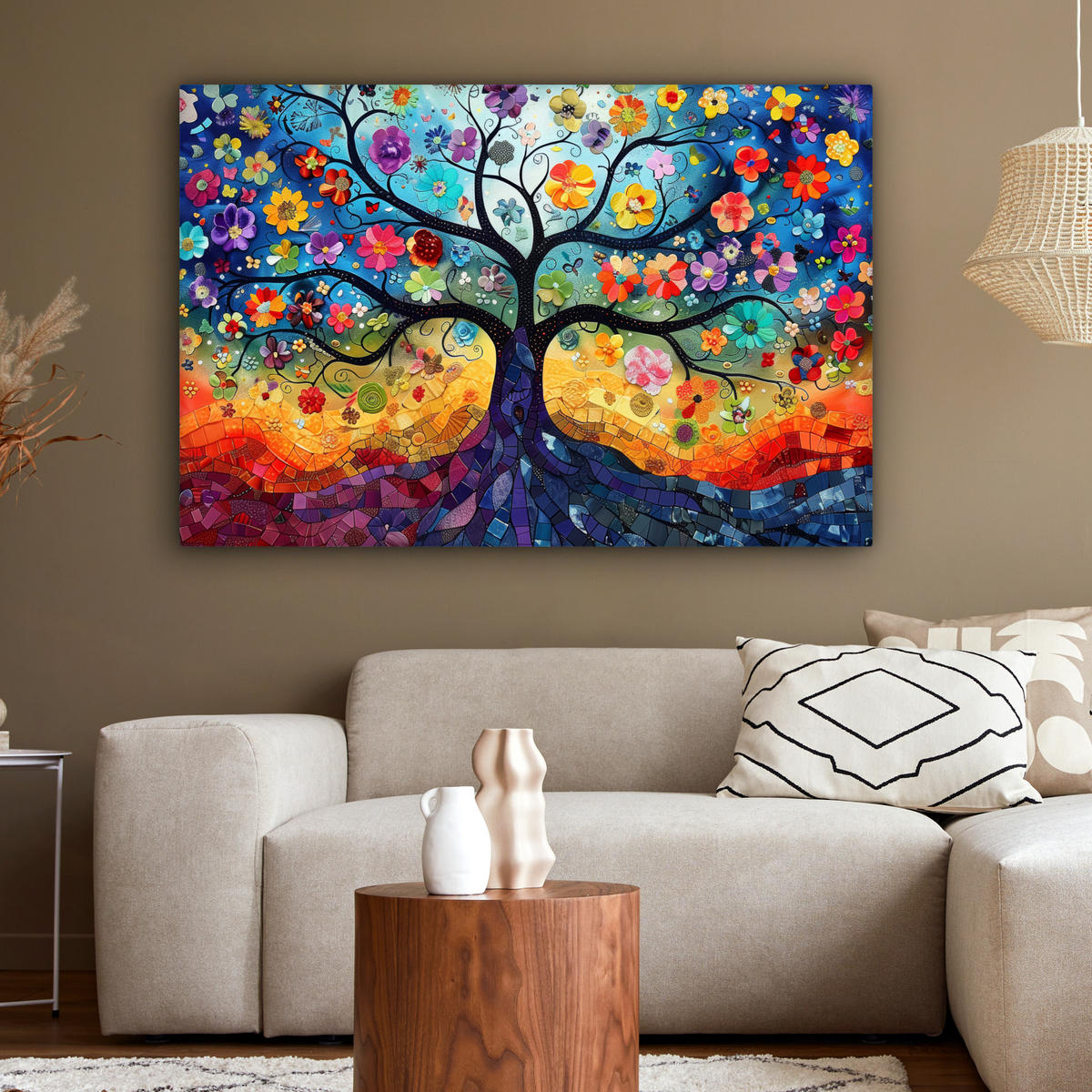 LEINWANDBILD Kunst - Baum des Lebens - Blumen - Hippie Wohnzimmer 120x80 cm - Dunkelblau, Textil (120/80cm) - MuchoWow