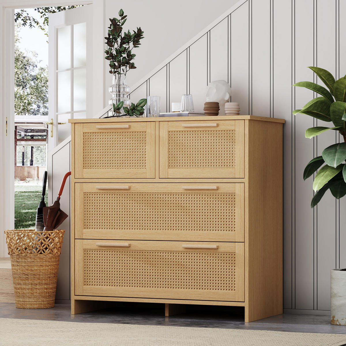 KOMMODE 80/38/80 cm mit 4 Schubladen und Rattanfronten - Naturfarben, Holzwerkstoff (38/80/80cm) - BEAOK
