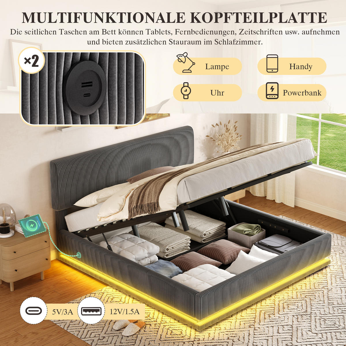 POLSTERBETT 180x200 cm LED USB Stauraum grau - Dunkelgrau, Textil (180/200cm) - LEBENLANG