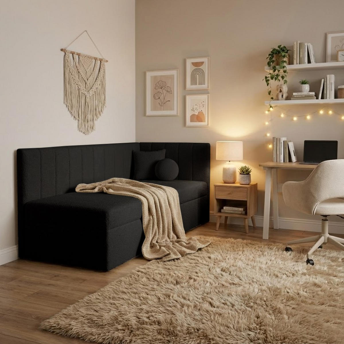 SCHLAFSOFA Rafi, Eckbett mit Bettkasten, 90x200 cm, Schwarz - Schwarz, Textil (209/94/102cm) - Beautysofa