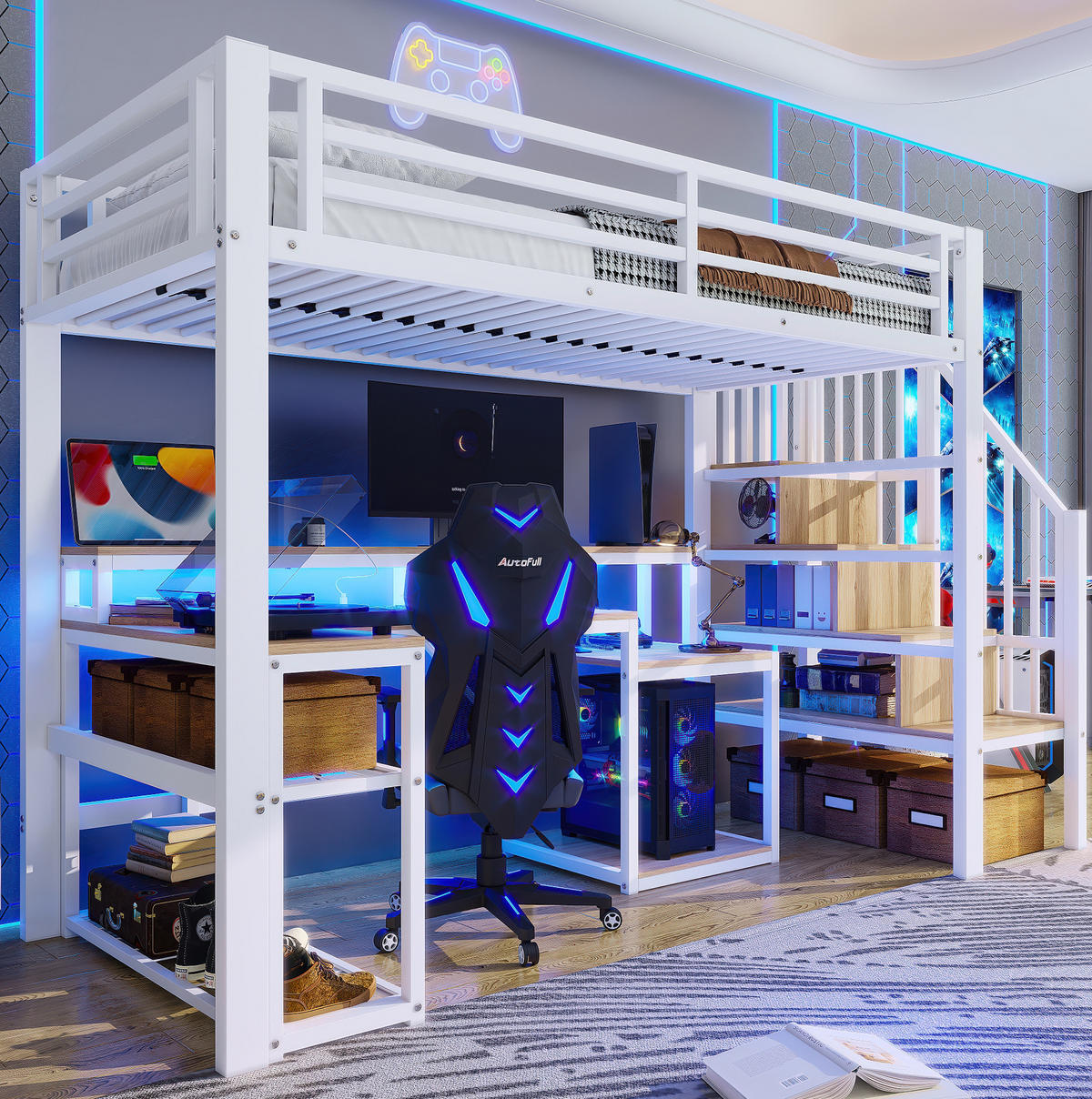 HOCHBETT 90/200 cm aus Metall und MDF mit Schreibtisch, LED-Lichtleiste und Stauraumtreppe Weiß - Weiß, Metall (90/200cm) - Modenvie