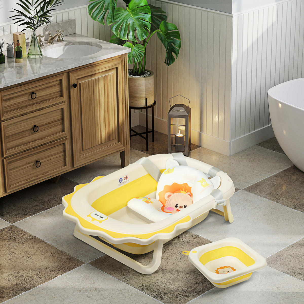 3ER -Set Babybadewanne, faltbar Baby Bathtub mit Löwenmustern, rutschfest - Gelb, Kunststoff (55/80.5cm) - AIYAPLAY