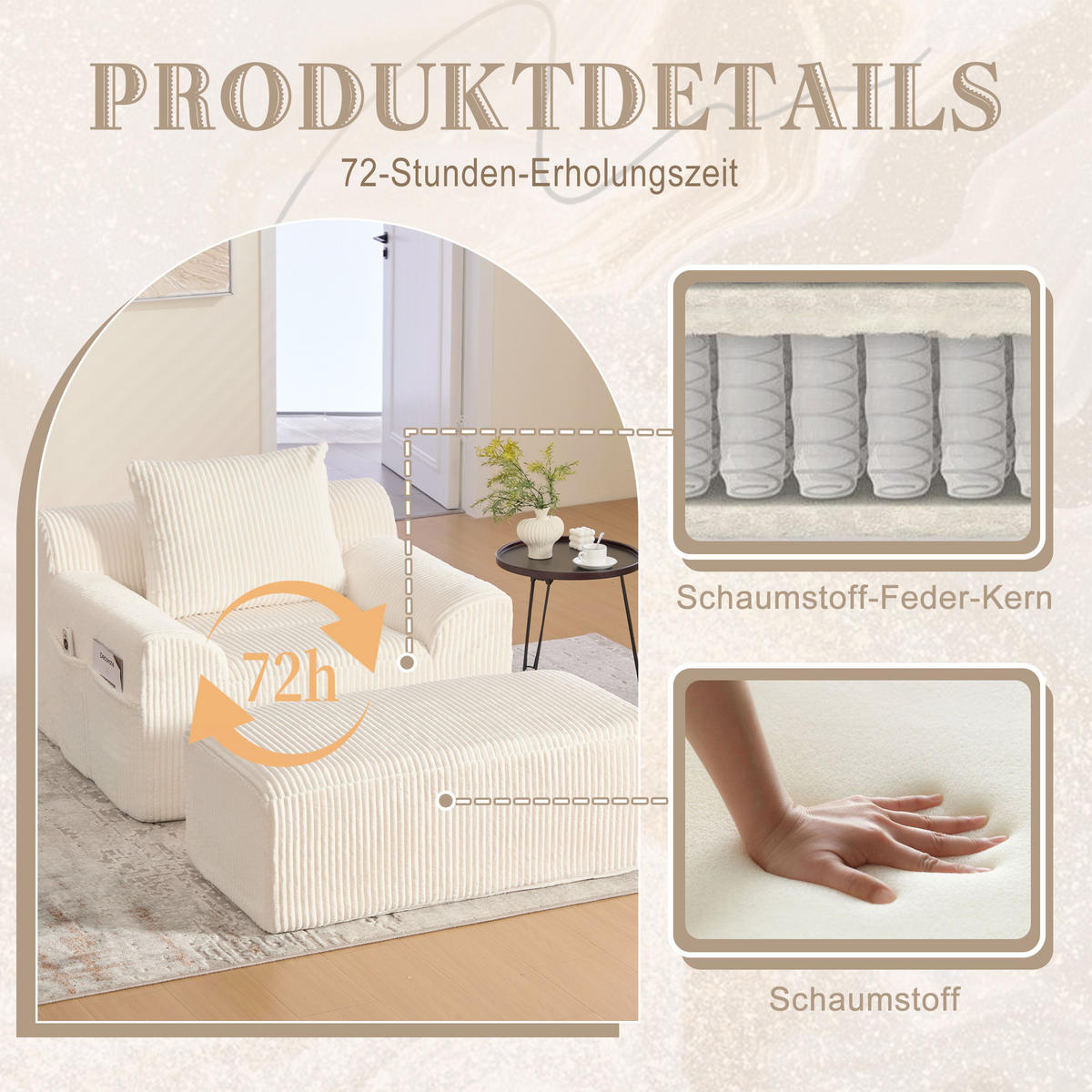 SESSEL mit Hocker in Cord Übergroßer Relaxsessel - Beige, Textil (147/67/110cm) - Urban Meuble