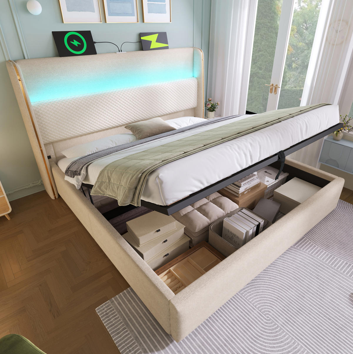 ČALOUNĚNÁ postel 160/200 cm s LED osvětlením, USB a USB-C, hydraulickým úložným prostorem a lněným vzhledem, Béžová - béžová, textil (160/200cm) - Redom