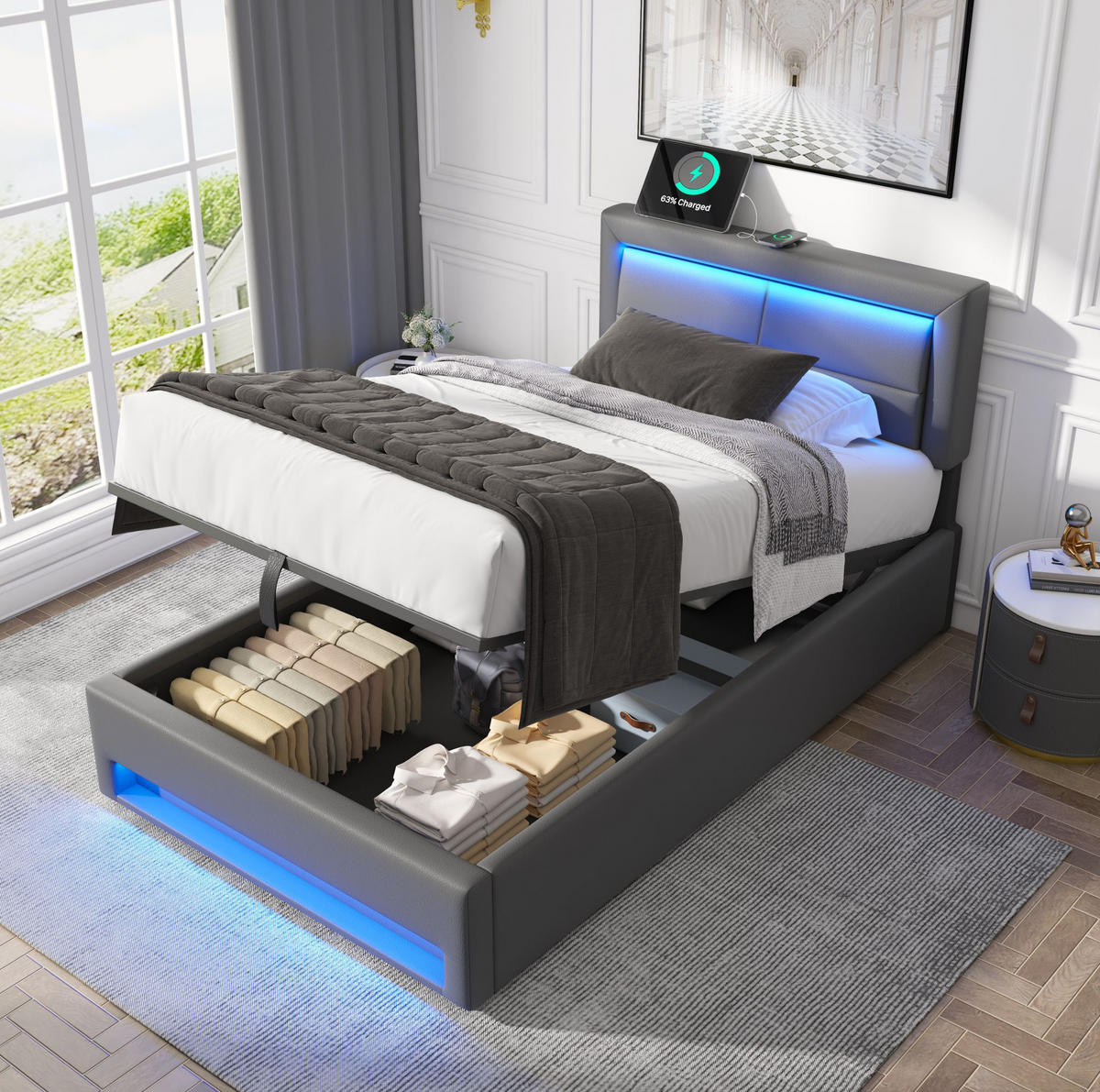 POLSTERBETT 90/200 cm mit USB-Ladefunktion, LED-Beleuchtung und Bettkasten, PU, Grau - Grau, Kunststoff (90/200cm) - Redom