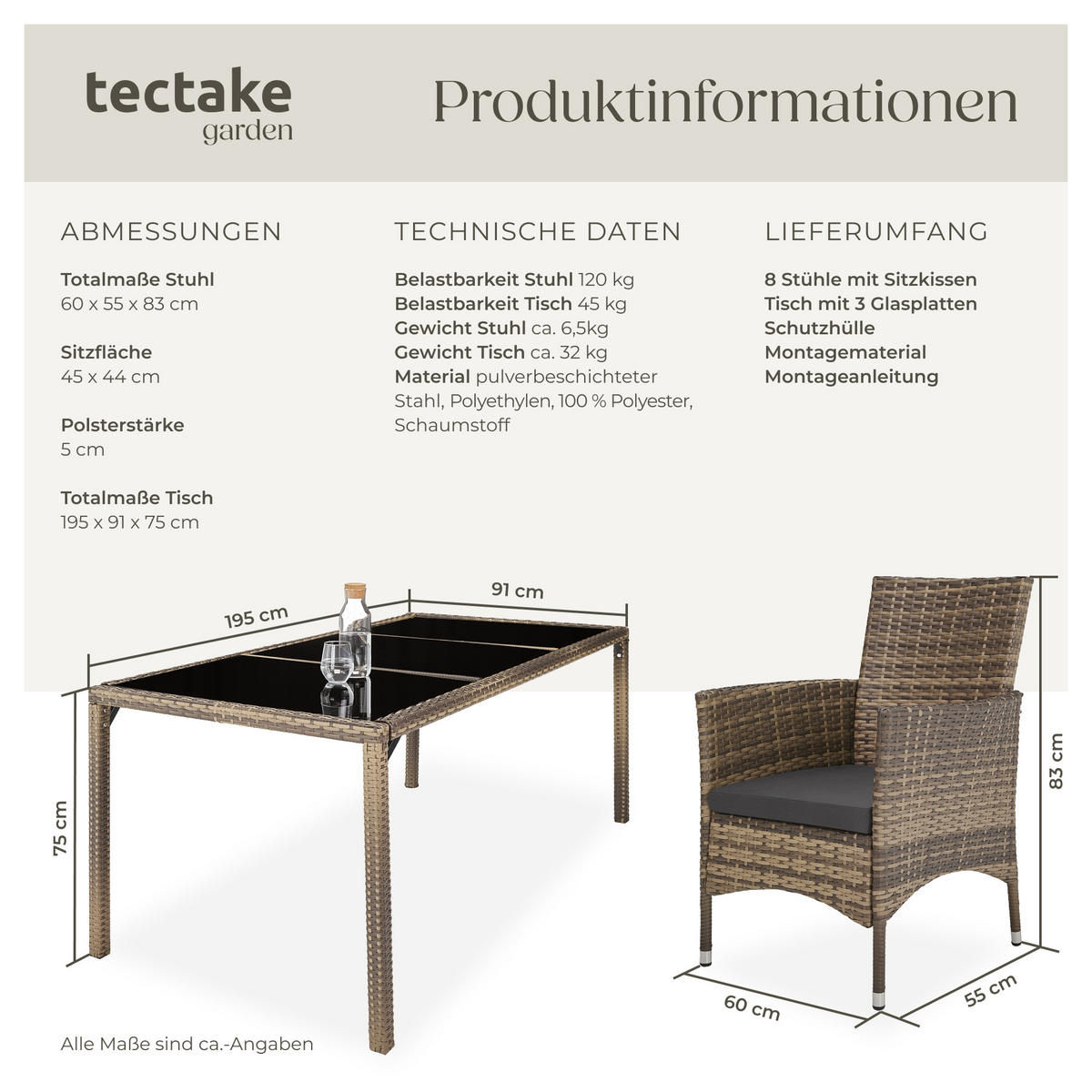 RATTAN SITZGRUPPE Almansa,inklusive Schutzhülle,natur/dunkelgrau - Naturfarben, Kunststoff - tectake