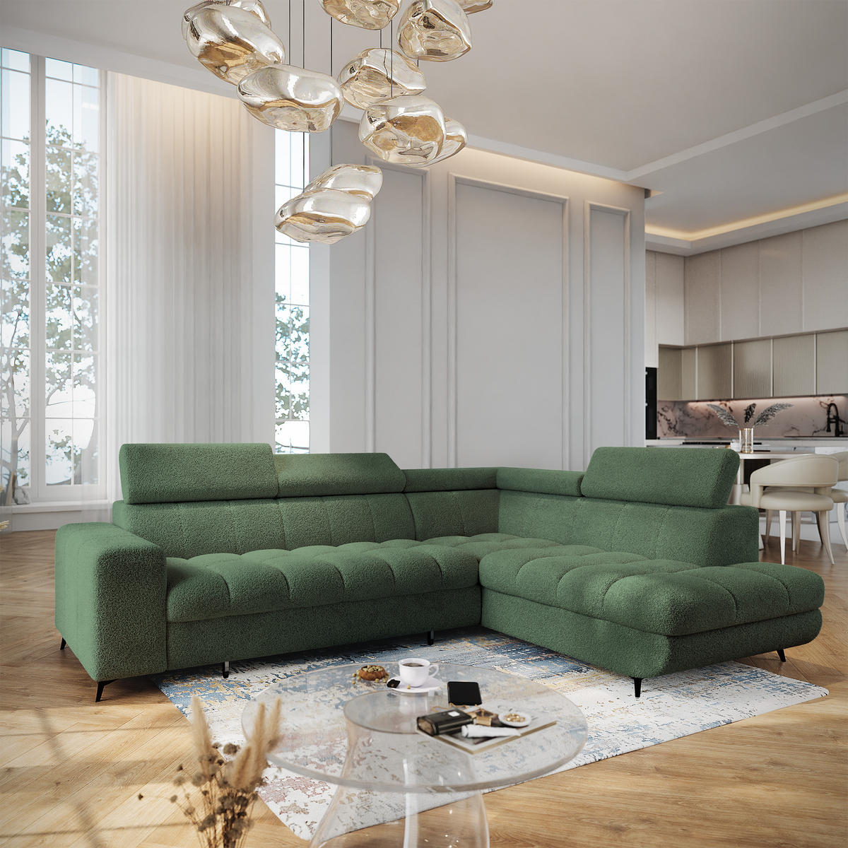 ECKSOFA MORIVA Q R-S Grün Boucle-Stoff mit Schlaffunktion - Grün, Holzwerkstoff/Textil (253/190cm) - MASSENO