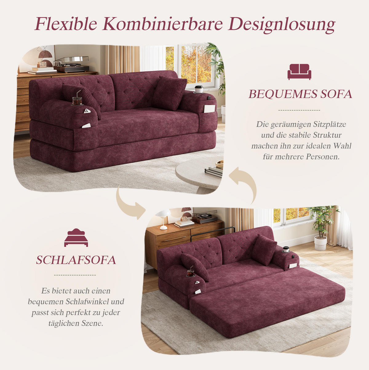 SOFA mit Schlaffunktion, hohe Rückenlehne, 168 x 80 x 81 cm, Cord, Wine Red - Rot, Kunststoff (80/81/168cm) - Meubliv