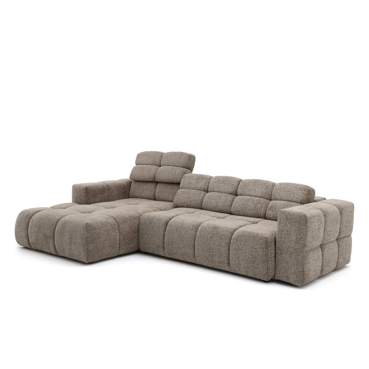 ECKSOFA TENDER Links mit Schlaffunktion und Verstellbare Kopfstützen, Chenille braun - Schwarz/Braun, Holz/Kunststoff (315/176cm) - Muffo