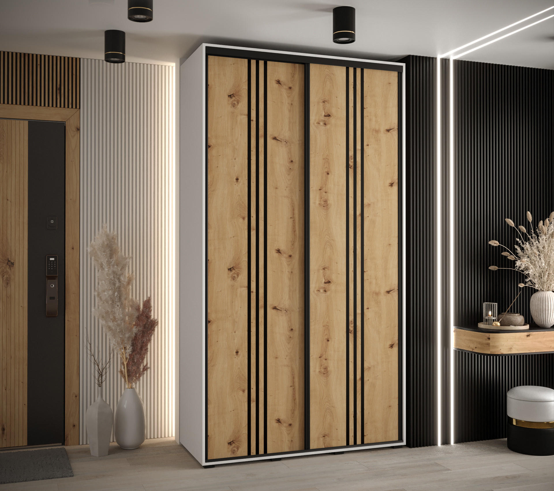 SCHWEBETÜRENSCHRANK 235,2/130/45 2-türig - Schwarz/Eiche Artisan, Holz/Metall (130/235/45cm) - Abiks Möbel