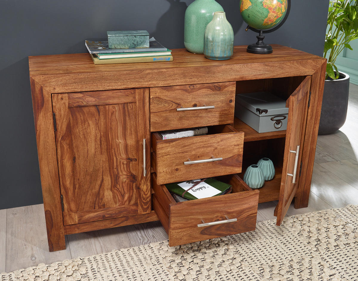 SIDEBOARD – Massivholz, 3 Schubladen, 2 Türen, Landhausstil - Braun, Holz (118/70/40cm) - KADIMA DESIGN