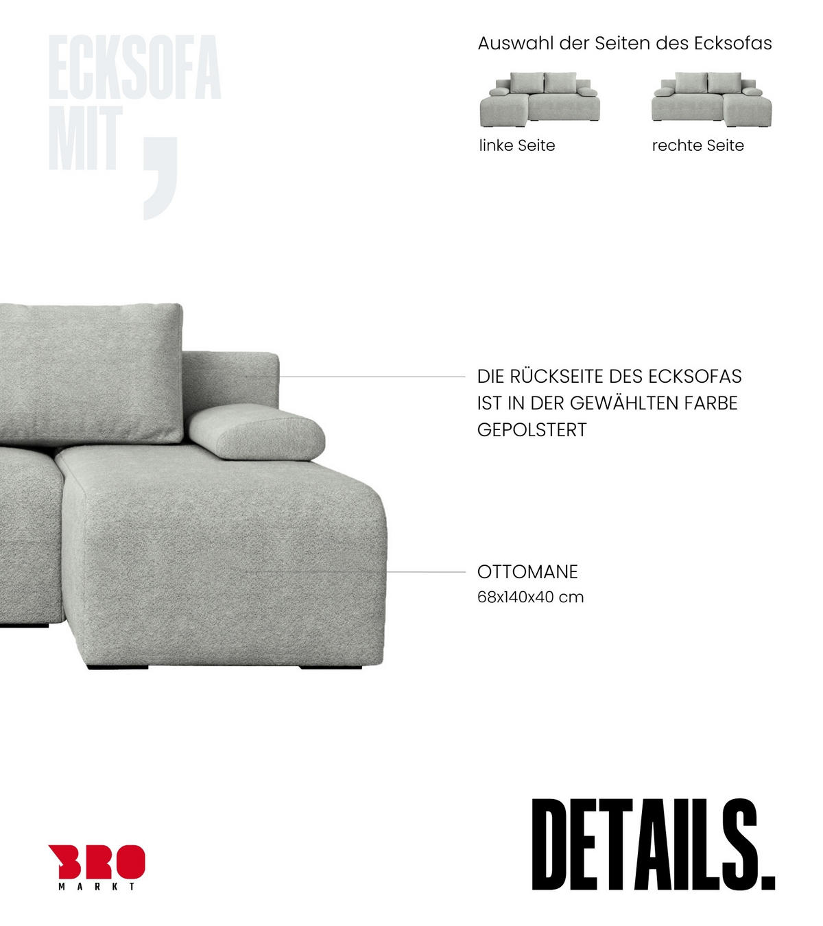 ECKSOFA Ernest mit Schlaffunktion Grau Bouclé - Grau, Textil (200/145cm) - Bromarkt