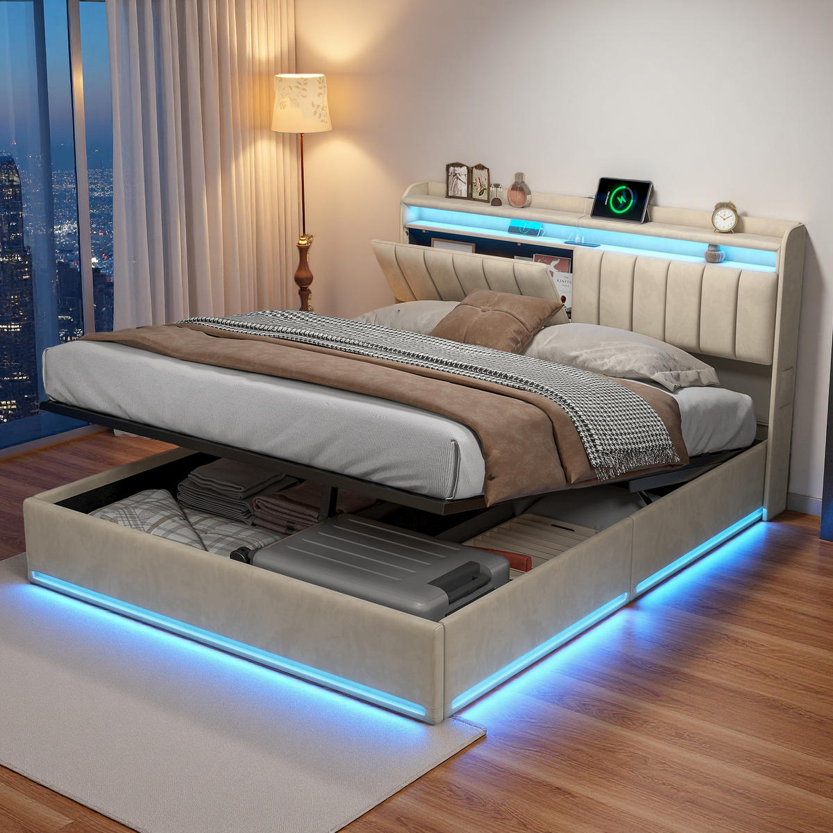 ČALOUNĚNÁ postel 160x200 cm béžová sametová LED USB Type-C bed box - béžová, dřevo (160/190cm) - SHOPENTRA