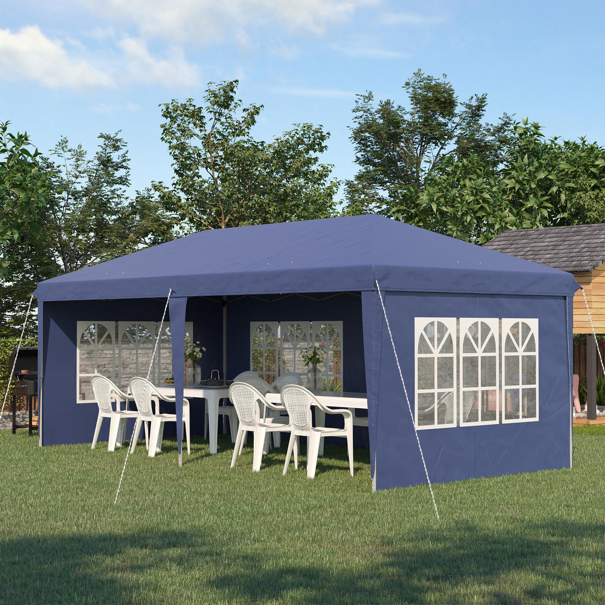 FALTPAVILLON, Weiß, Stahl, Polyester - Blau, Metall (295/270/585cm) - Outsunny