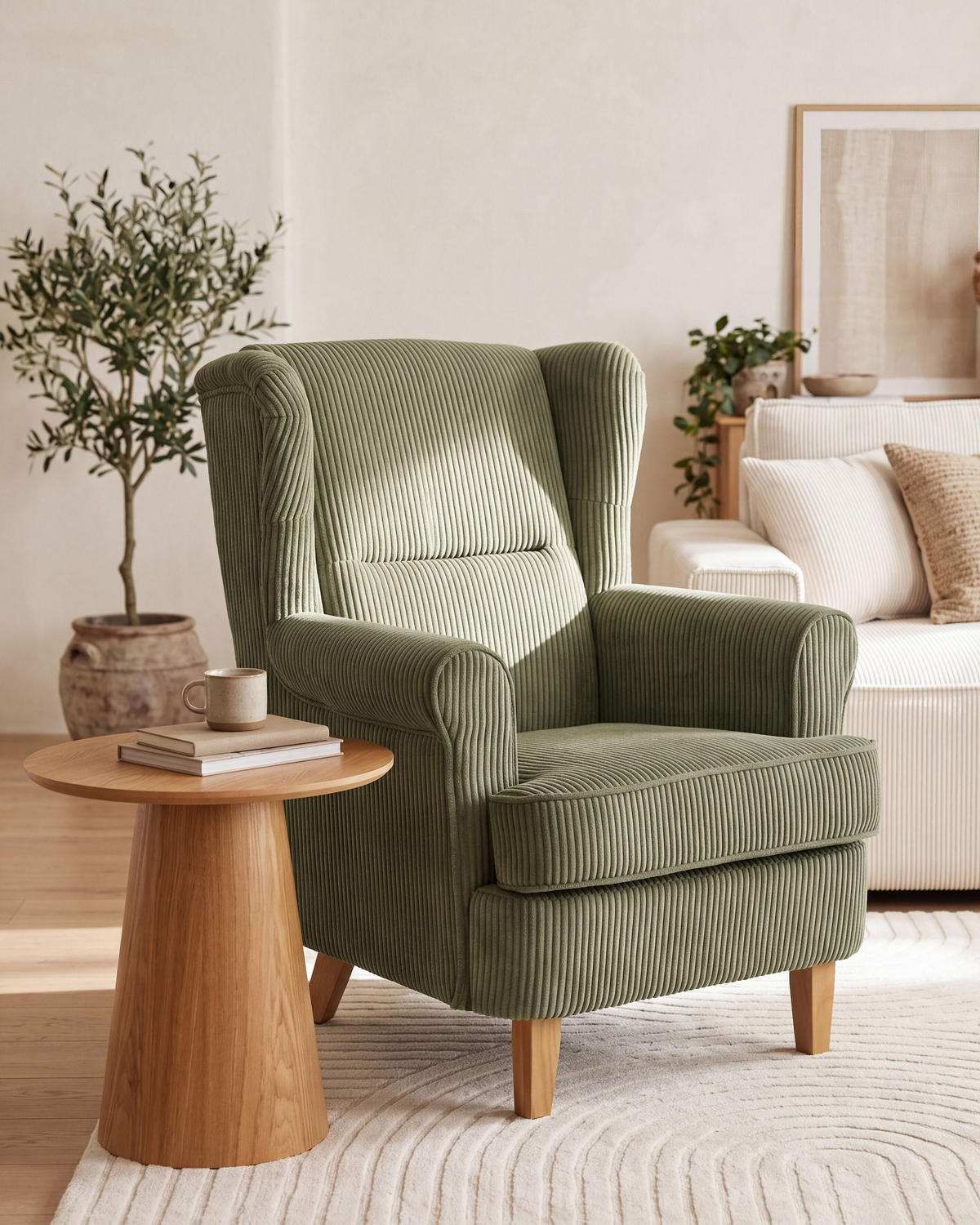 OHRENSESSEL Cord Grün Abson - Braun/Grün, Holz/Textil (77/102/87cm) - Beliani