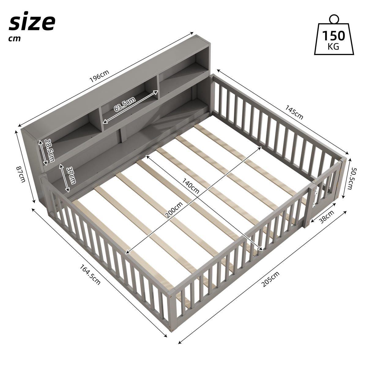 KREVET na razvlačenje 140/200 cm s bočnim spremištem i sigurnosnom ogradom, od borovine i MDF-a, Siva - siva, drvni materijal (140/200cm) - Redom
