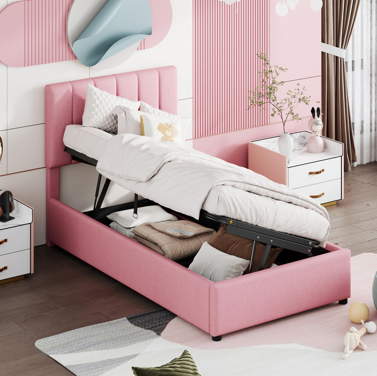 KINDEREINZELBETTEN aus Leinenstoff 90x200 cm in Rosa mit hydraulischem Stauraum - Rosa, Textil (90/200cm) - Modfu
