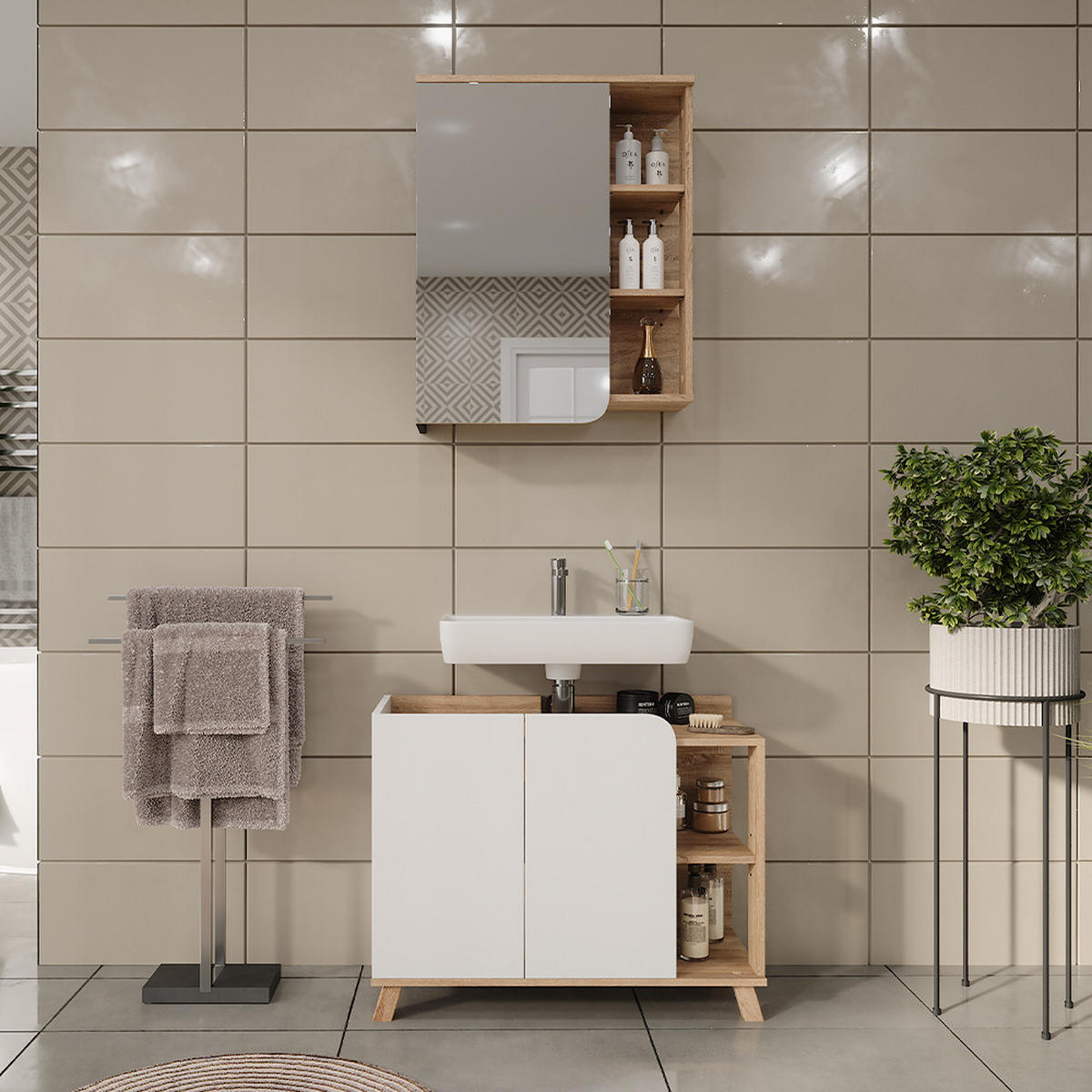 BADMÖBEL-SET Karen Sonoma/Weiß 2 Teile - Weiß/Sonoma Eiche, Holzwerkstoff (80/65/35cm) - Vicco