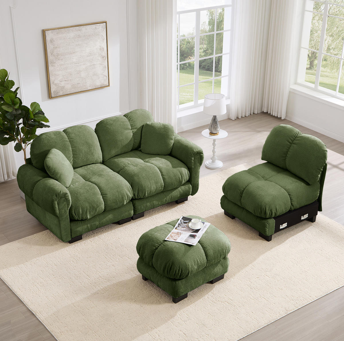 SOFA in L-Form 3-Sitzer mit Hocker Chenille Grün - Grün, Holz (149/260cm) - Meubliv