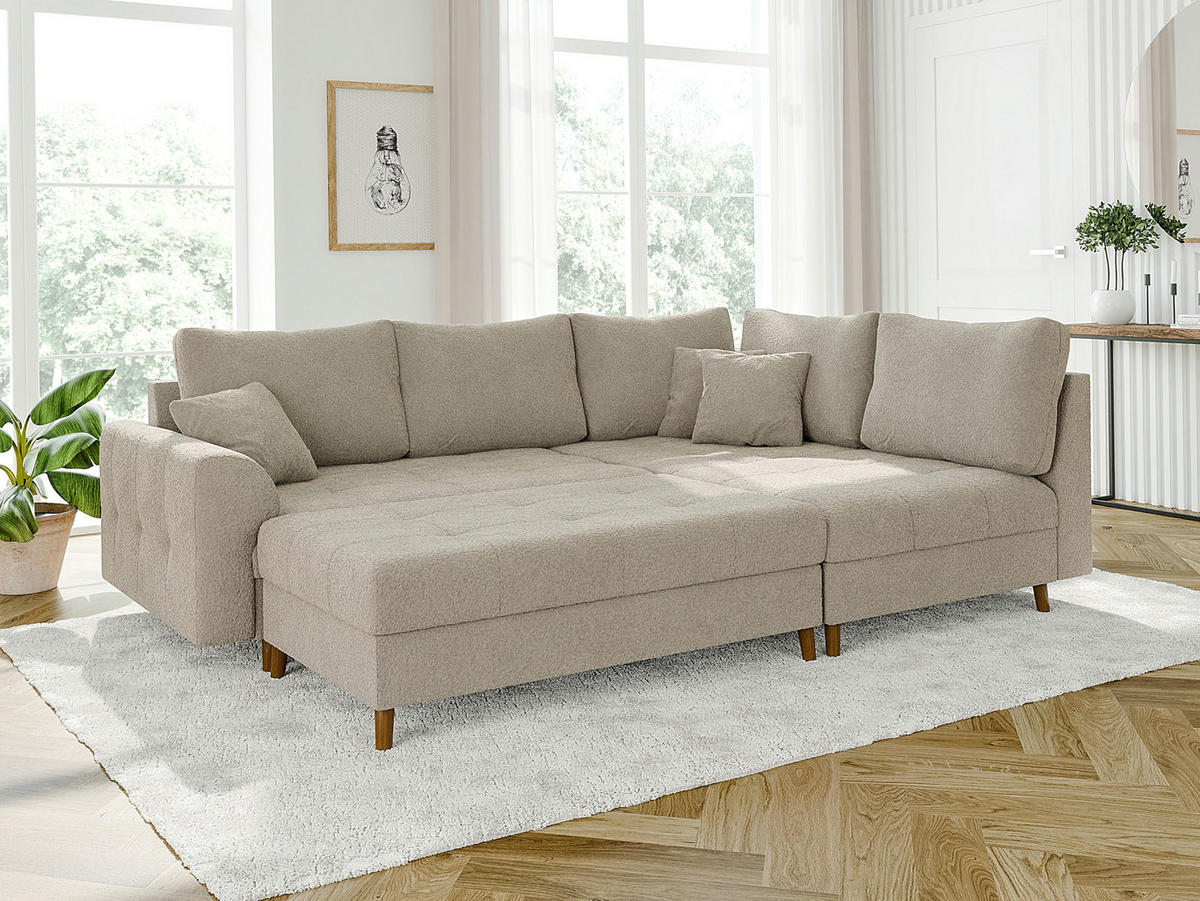 ECKSOFA inkl. Hocker Henrik Beige Boucle - Ottomane rechts - Beige/Braun, Holz/Textil (231/161cm) - S-Style Möbel