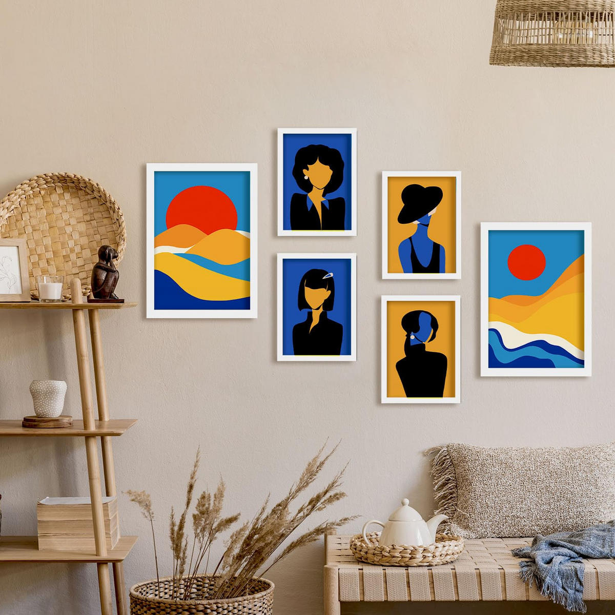 POSTER Set Mit 6 Wüstenjungen In Weibliche Zusammenfassung Ästhetische Dekorative Gemälde Für Ihr Wohnzimmer Zuhause A3 & A4 Weißer Rahmen - Weiß, Papier (29/3cm) - Nacnic