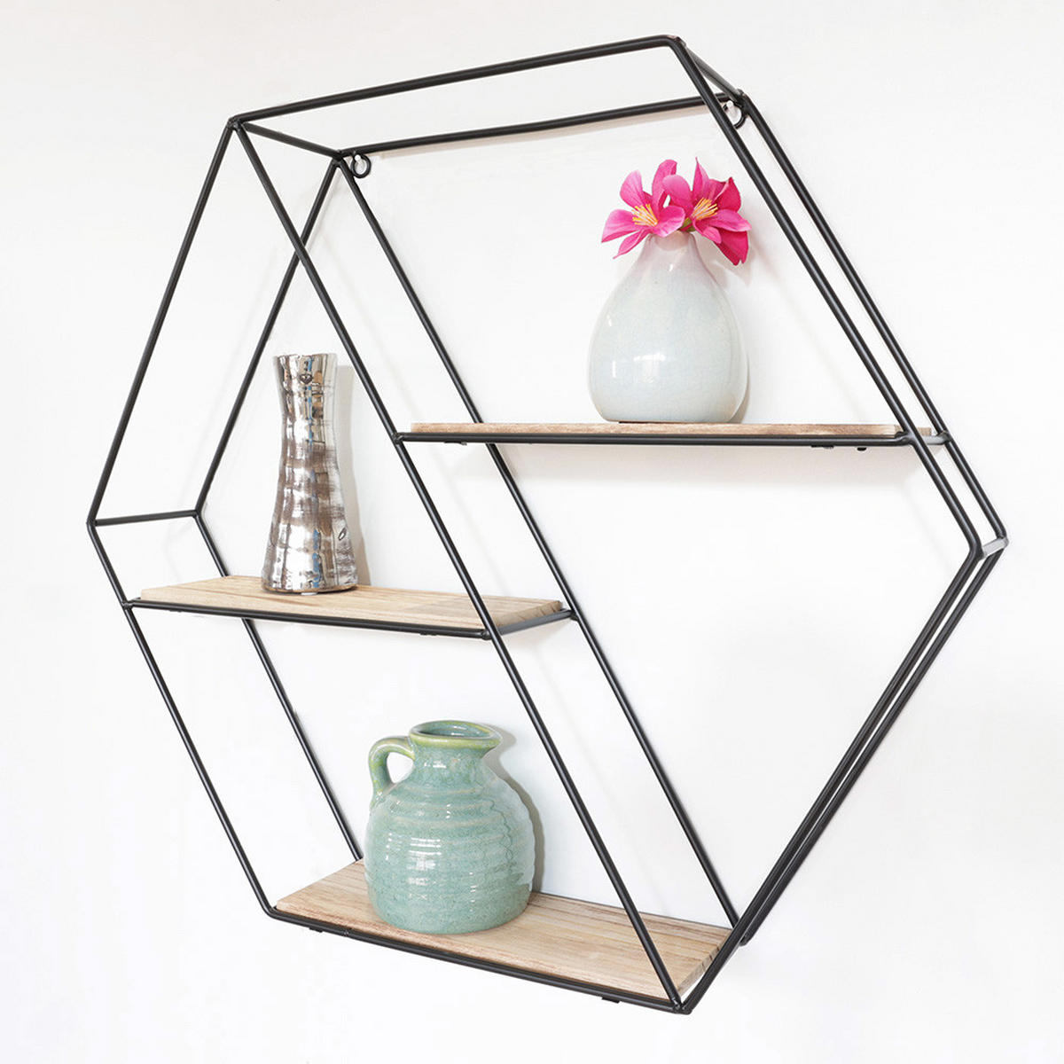 WANDREGAL Schwarzes Metall mit 3 Holzböden - Hexagon diagonal - Schwarz, Metall (55/55/48cm) - IVOL