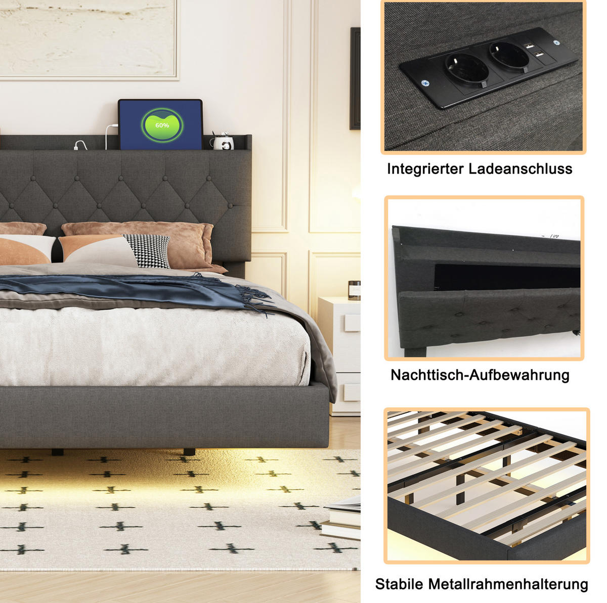 POLSTERBETT 160/200 cm aus Leinenstoff mit LED-Lichtleiste, USB-Anschluss und Stauraum, Grau - Grau, Textil (160/200cm) - Redom