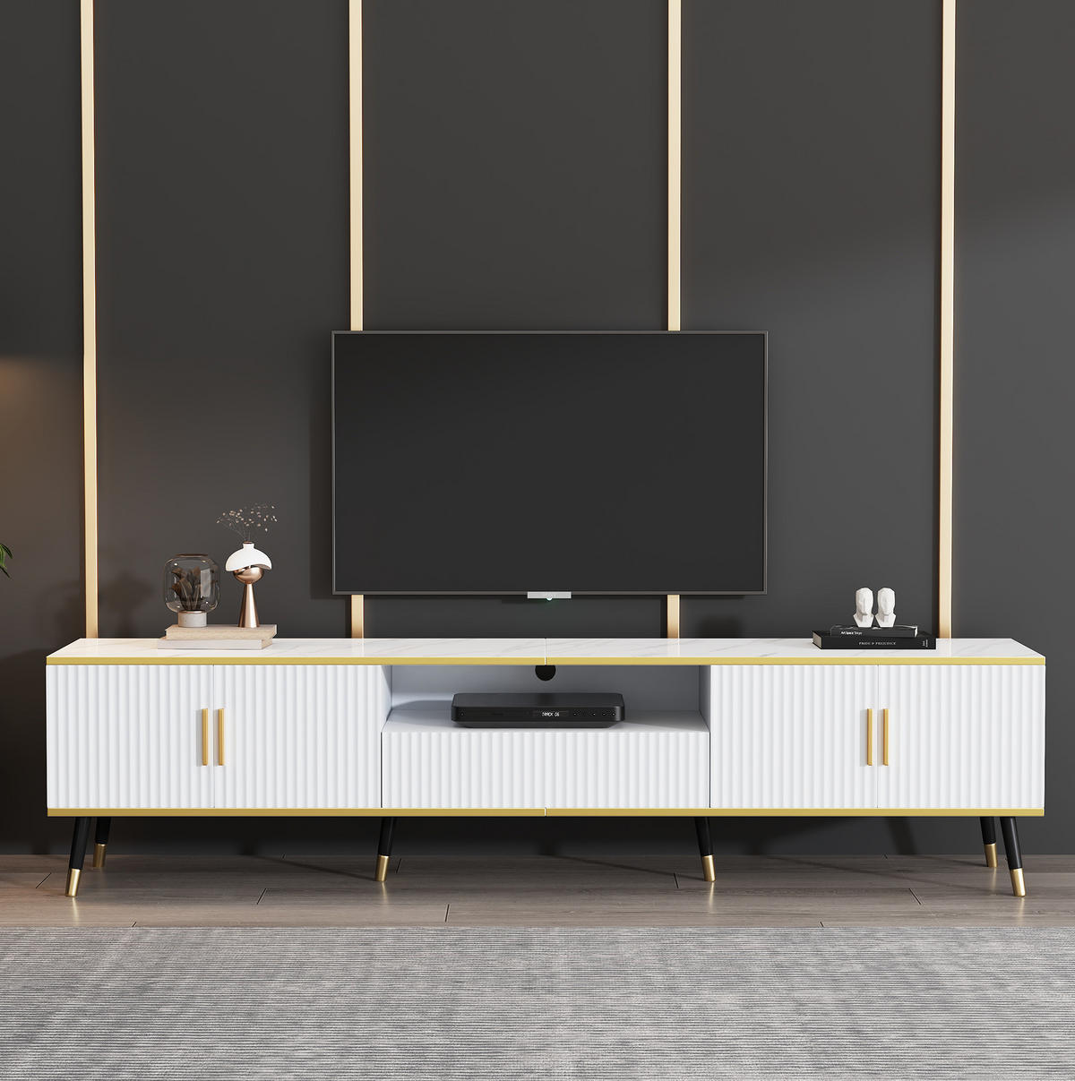 LOWBOARD 200/40/46 cm aus Spanplatte mit Marmoroptik und Kabelmanagement Weiß - Weiß, Holzwerkstoff (200/46/40cm) - Modenvie
