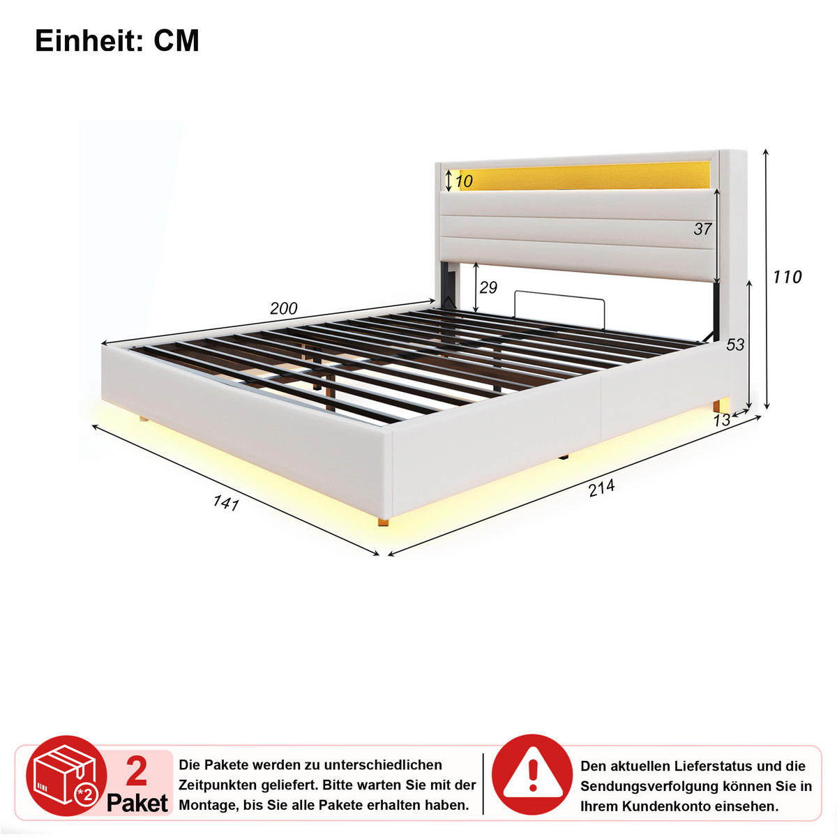 POLSTERBETT 140/200 cm in Beige Leinen mit Bettkasten, LED und USB - Beige, Holzwerkstoff/Textil (140/200cm) - WISHDOR