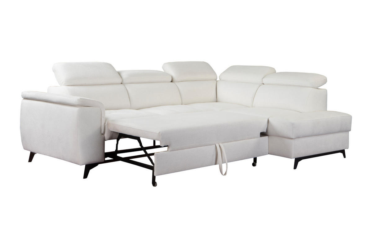 ECKSOFA VOLA Weiß Velours-Stoff mit Schlaffunktion - Weiß, Holz (270/199cm) - MASSENO