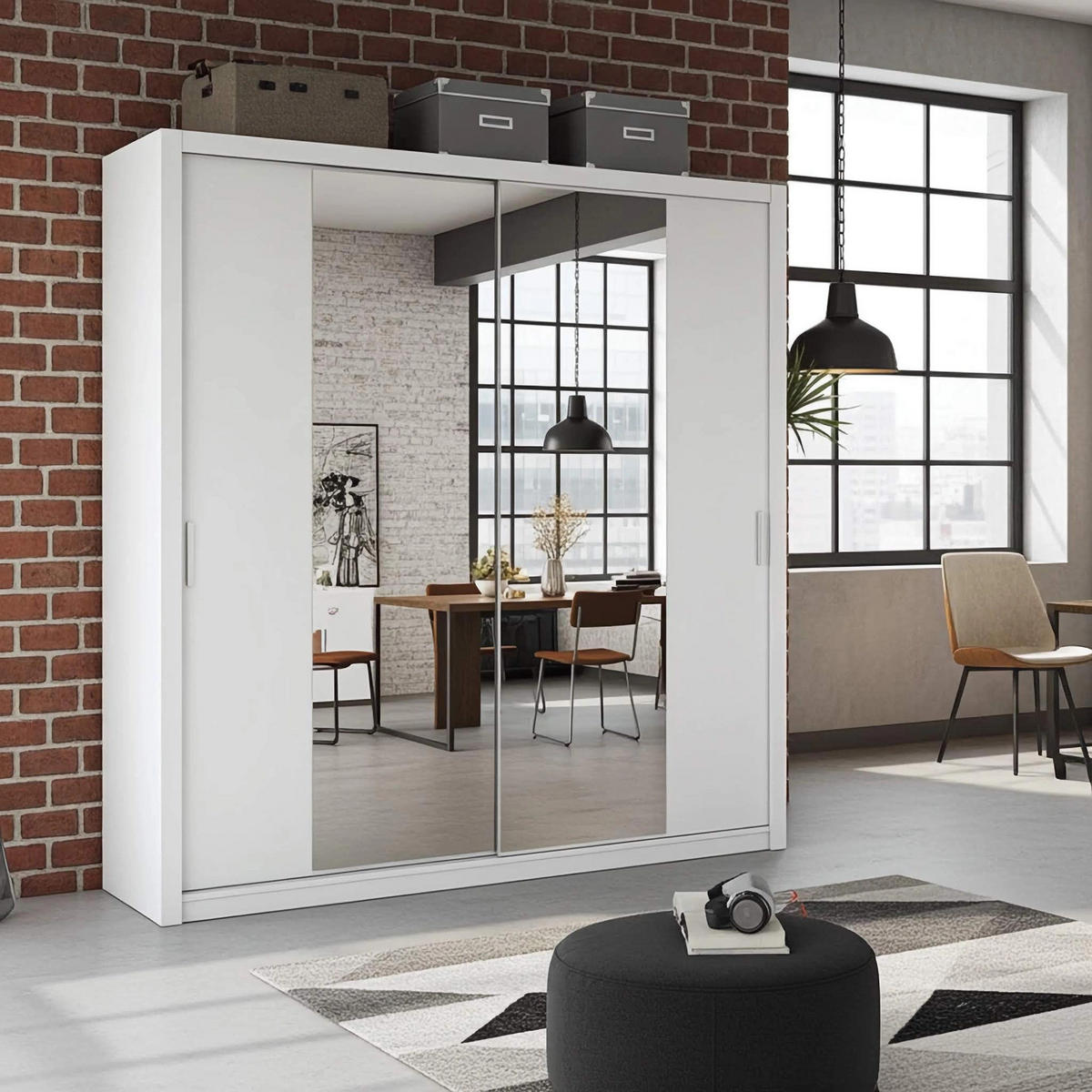 SCHIEBETÜRENSCHRANK Tamiza 220/215/62 mit Spiegel - Silberfarben/Weiß, Holzwerkstoff/Kunststoff (220/215/62cm) - Ravio