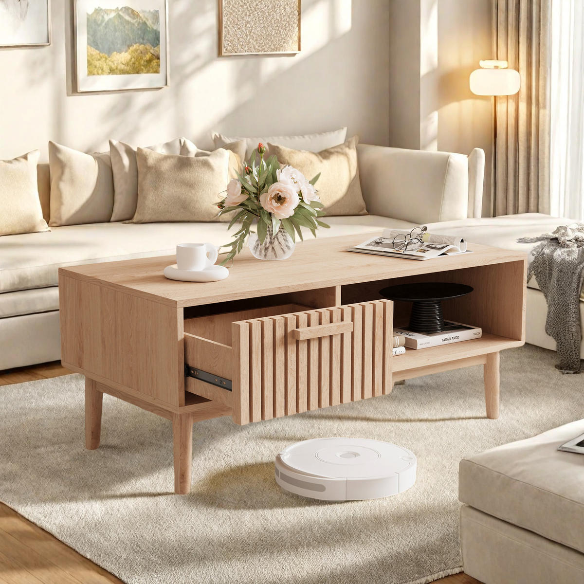 COUCHTISCH naturholz rattanoptik mit fach und schublade - Braun, Holzwerkstoff (100/50/43cm) - SHOPENTRA