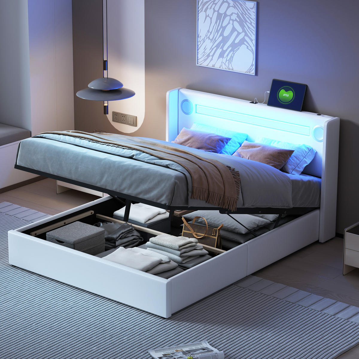 POLSTERBETT 140/200 cm Weiß mit LED-Beleuchtung und Bluetooth-Player - Weiß, Kunststoff (140/200cm) - OKWISH