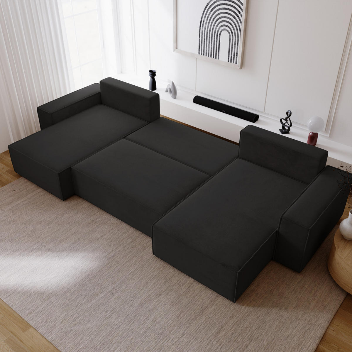 ECKSOFA 380 cm Bergamo U mit Bettkasten, Samt, Schwarz - Schwarz, Holz (377/189cm) - Emporius