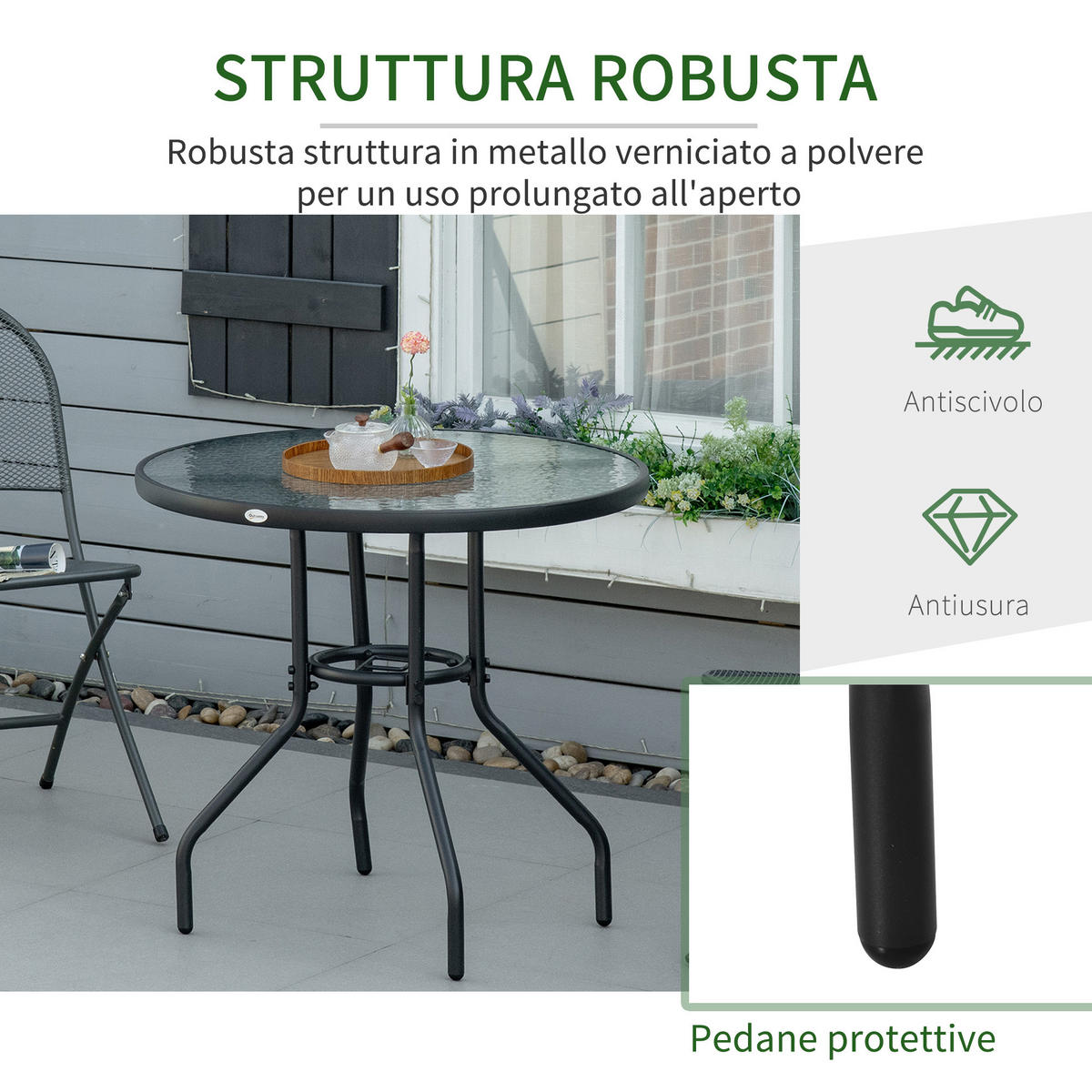 GARTENTISCH,RUND Glas mit Schirmloch Ø80x72cm,schwarz - Schwarz, Metall (80/80/72cm) - Vallsero