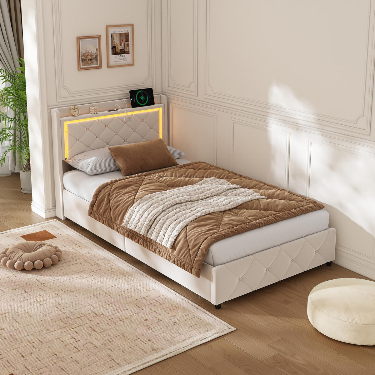 POLSTERBETT 90x200 cm, Einzelbett, hydraulischer Stauraum, LED & USB/Type-C, Flauschstoff, Beige - Beige, Holz (90/200cm) - BRILVERDE