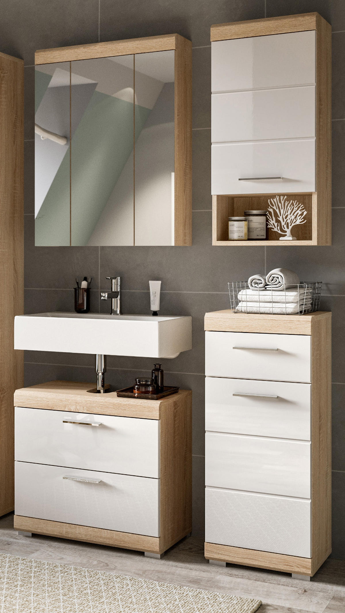 BADMÖBEL-SET weiß Hochglanz, Eiche 4-teilig 112 cm, Komplettset mit viel Stauraum - Weiß Hochglanz/Eichefarben, Holzwerkstoff (112/191/37cm) - Inn.Furn