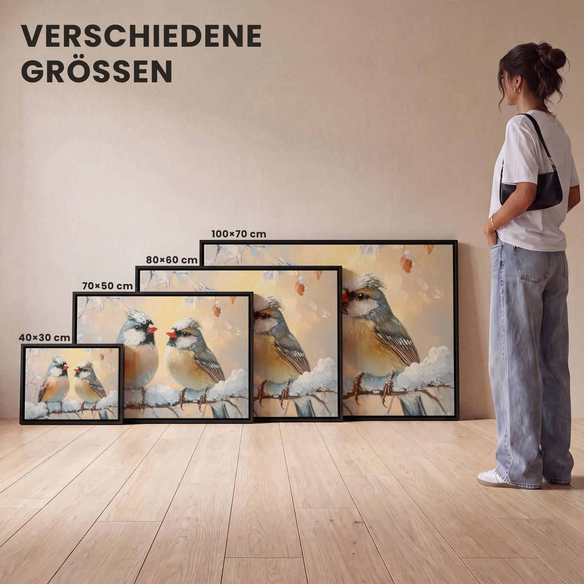 LEINWAND Bilder mit Rahmen - Vögel - Zweig - Winter - Schnee - 40x30 - Pastellblau, Textil (40/30cm) - MuchoWow