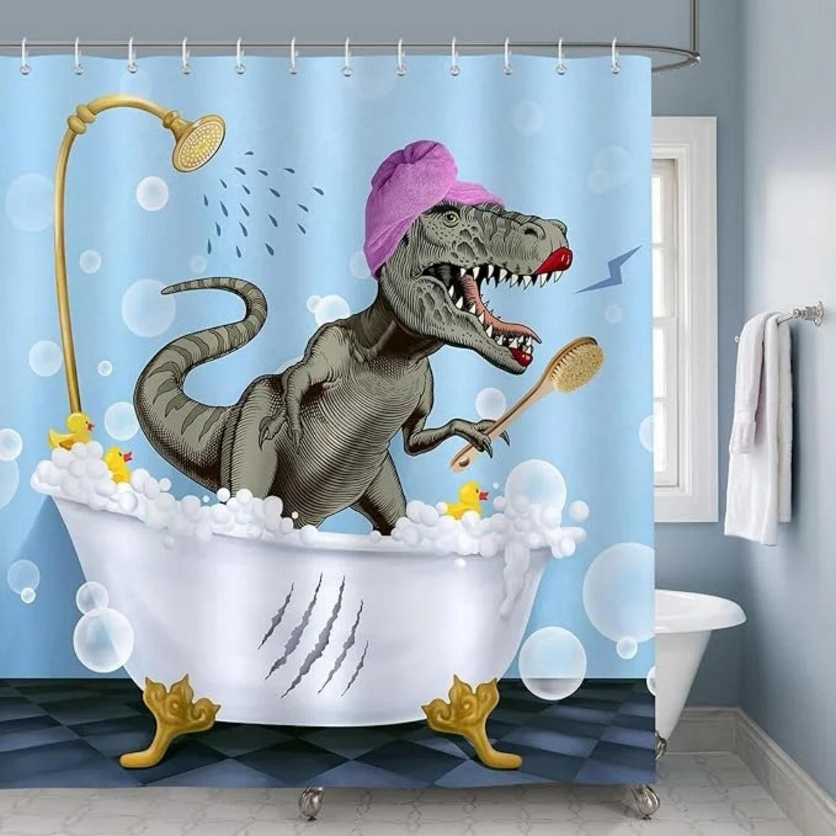 DUSCHVORHANG Dinosaurier schimmelresistent wasserdicht waschbar Badezimmer mit Haken - Blau, Textil (180/180cm) - MCBOSON