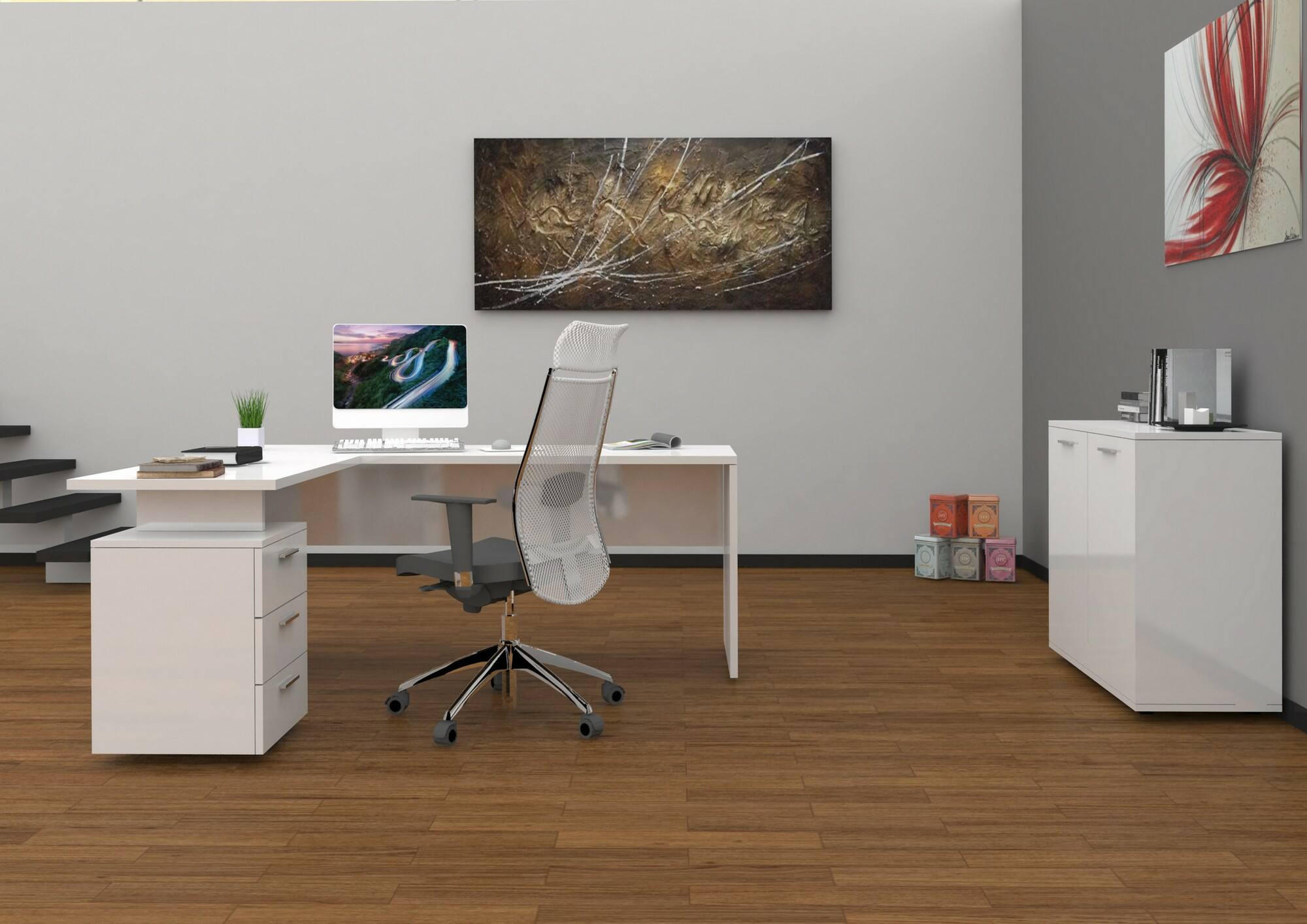 Thumbnail - Dmora Eckschreibtisch, Weiß, Holzwerkstoff, 3 Schubladen, 180x75x60 cm, Arbeitszimmer, Schreibtische, Eckschreibtische