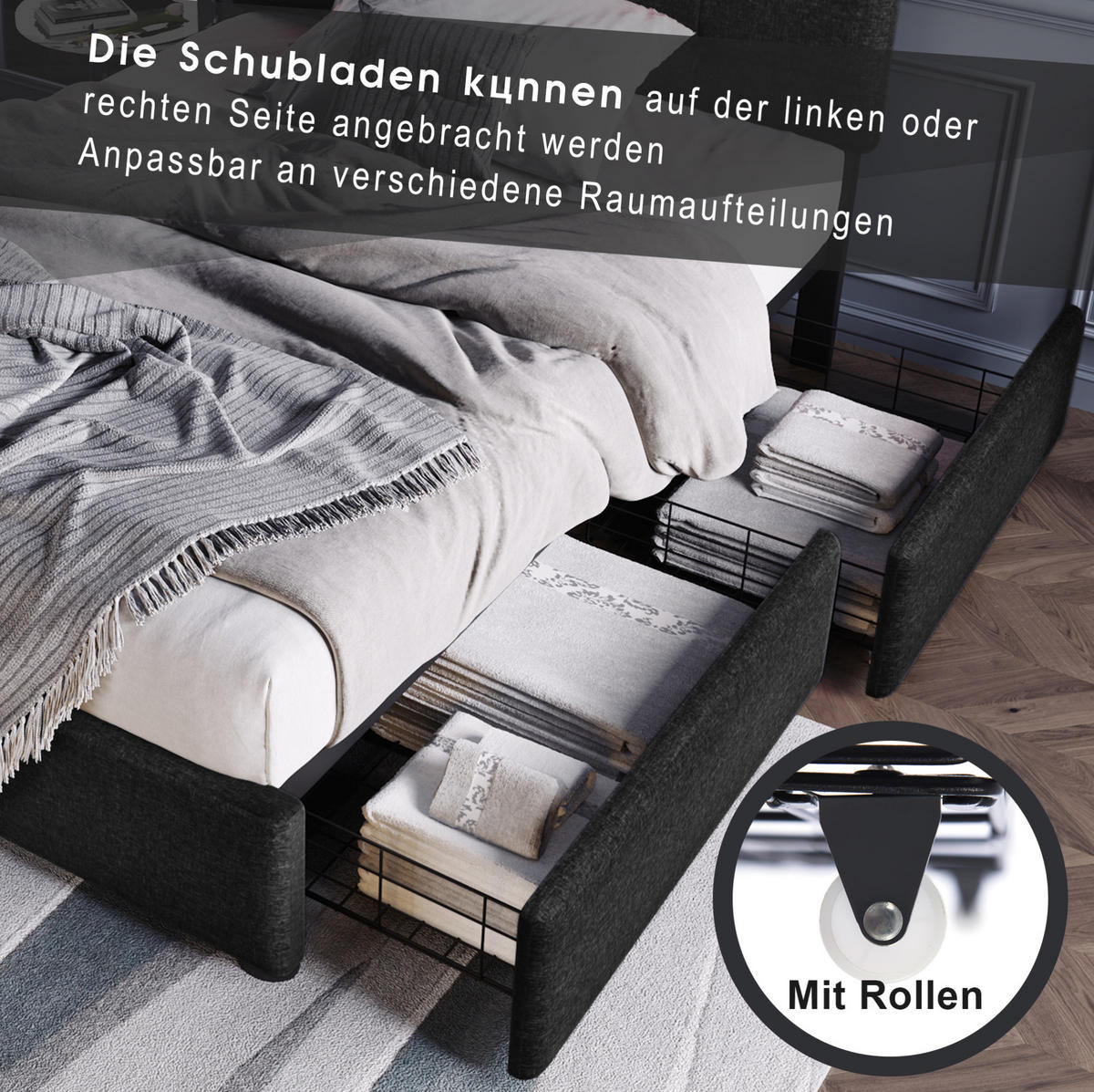 POLSTERBETT 90/200 cm Schwarz aus Leinen mit LED-Beleuchtung und 2 Schubladen - Schwarz, Textil (90/200cm) - OKMYHOME