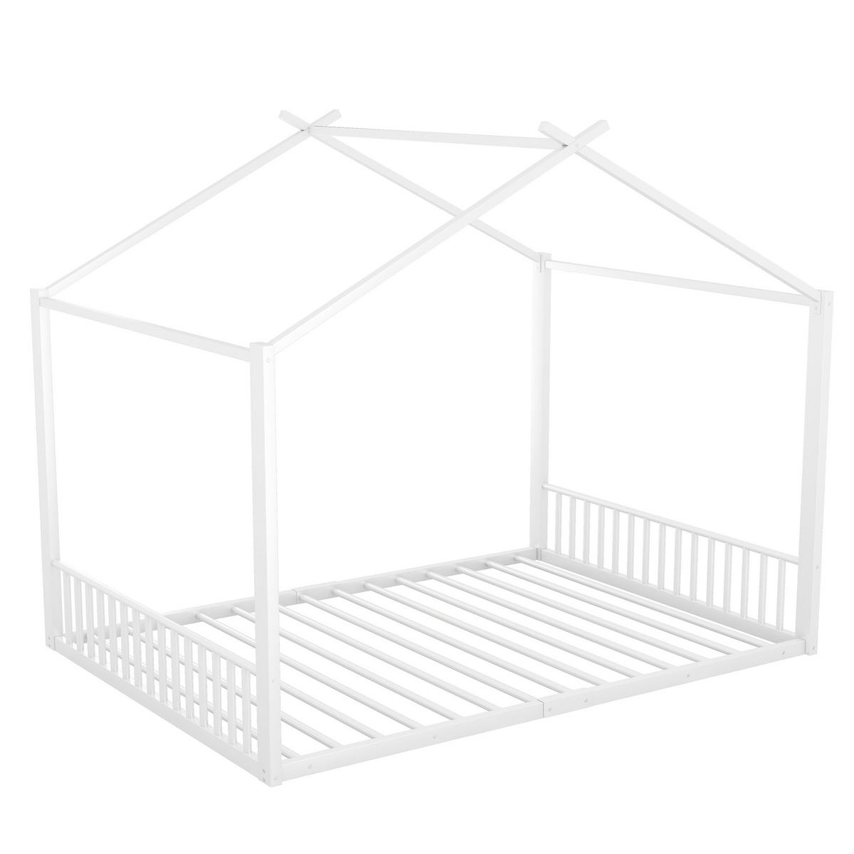 HAUSBETT 140/200 cm aus Metall in Weiß – mit Dachaufbau - Weiß, Metall (140/200cm) - BEAOK